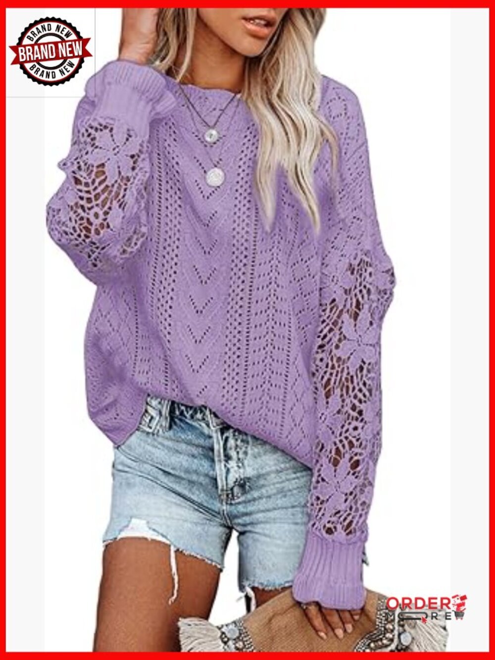 Crewneck Crochet Lace Long Sleeve Hollow Out Cable Knit Sweater Pullover